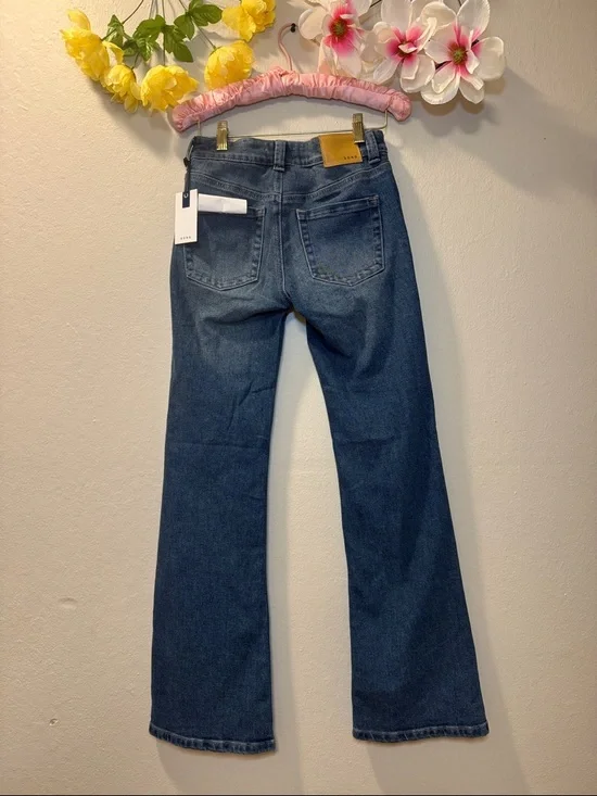 Women's Dark Blue Flare Jeans with Front Patch Pockets - Picture 2 of 5